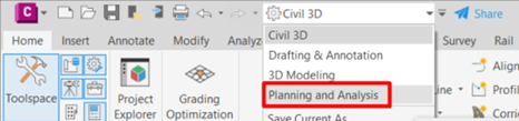 Localização da funcionalidade no menu superior do Autodesk Civil 3D