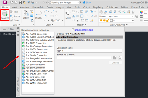 Recurso Data Connect no Autodesk Civil 3D