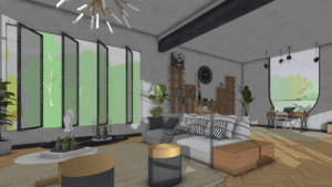 Sala de estar moderna em SketchUp com sofá cinza, janelas amplas e decoração contemporânea