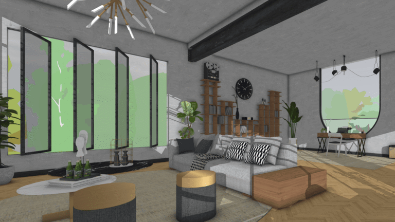 Sala de estar moderna em SketchUp com sofá cinza, janelas amplas e decoração contemporânea