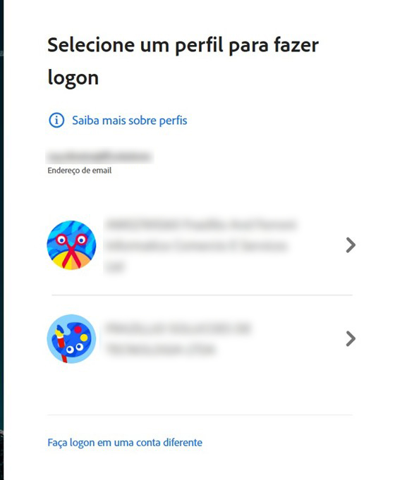 Seleção de conta Adobe