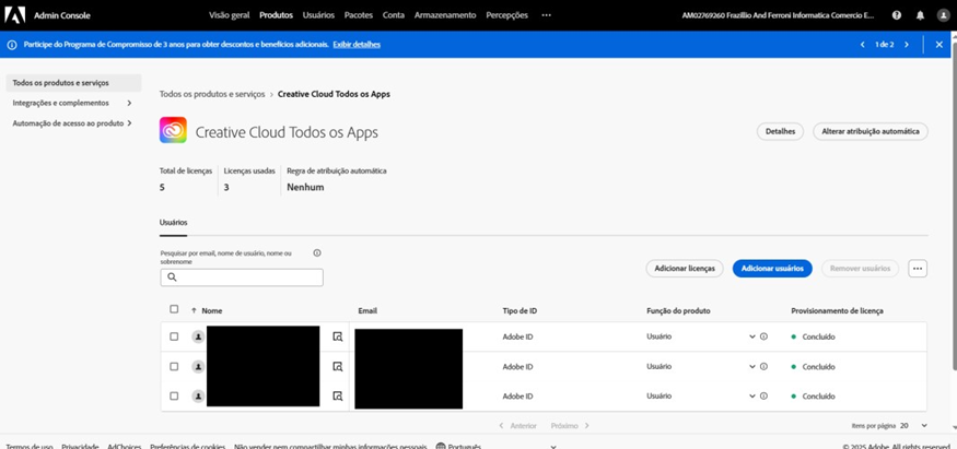 Tela de Gerenciamento de usuários de produtos Adobe