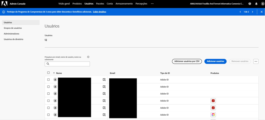 Gerenciamento de usuários Adobe