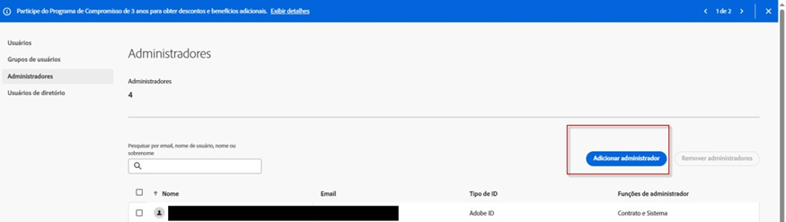 Tela de gerenciamento de administradores (adicionar administrador)