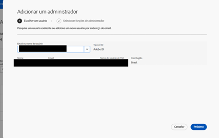Tela de gerenciamento de administradores (adicionar administrador)