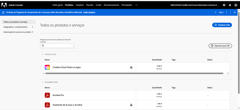 Tela de Gerenciamento de Produtos Adobe