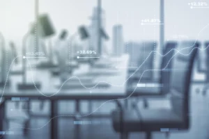 Exposição de ilustração de dados estatísticos em um conceito moderno de computação e análise de fundo de escritório mobiliado