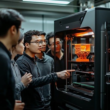 Equipe observa impressora 3D em funcionamento durante demonstração de impressão 3D industrial em ambiente tecnológico.