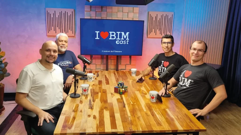 Imagem com os participantes do podcast sentados à mesa da esquerda para direita: André Barroso, Wilton Catelani, Júlio Ribeiro e Lucas Tafarello.