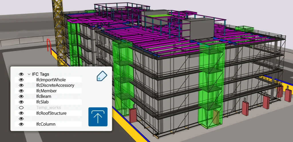 Modelo BIM com tags IFC exibindo elementos estruturais como vigas, lajes e colunas em projeto de construção civil.