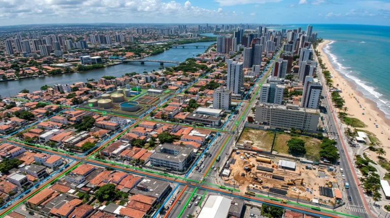 Vista aérea de cidade brasileira com redes de saneamento mapeadas por BIM ao longo da orla e áreas urbanas.