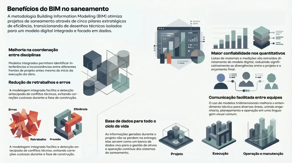 Infográfico com os cinco principais benefícios de implementar o BIM em projetos de saneamento