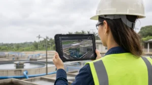 Engenheira em campo consulta modelo BIM 3D de estação de tratamento de água em tablet ruggedizado, com os tanques de decantação da instalação real ao fundo