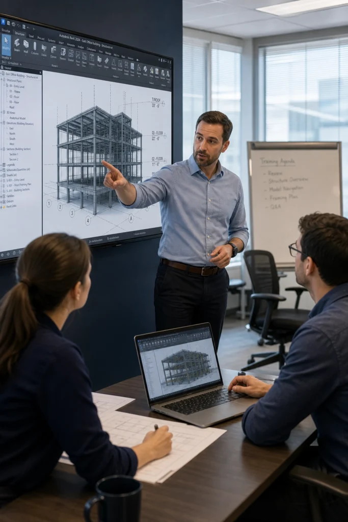 Profissional explica modelagem 3D de edifício para equipe sentada à mesa, com laptop mostrando o mesmo modelo