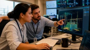 Engenheiro aponta para modelo 3D de subestação em monitor enquanto colega analisa os dados em sala de controle