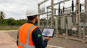 Engenheiro com colete de segurança segura tablet exibindo modelo 3D de subestação elétrica, com a estrutura real ao fundo