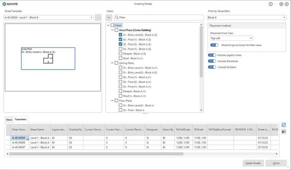 Janela Creating Sheets do Naviate no Revit com seleção de plantas e templates de prancha, exemplo de fluxo de trabalho BIM