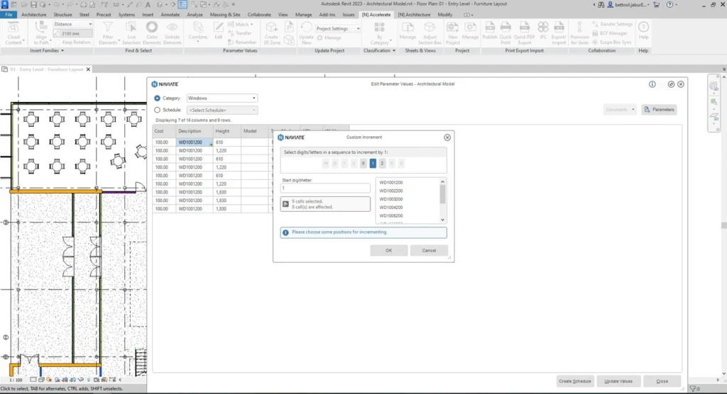 Tabela de parâmetros de janelas no Revit (Cost, Description, Height) com modal do Naviate para numeração automática em sequência